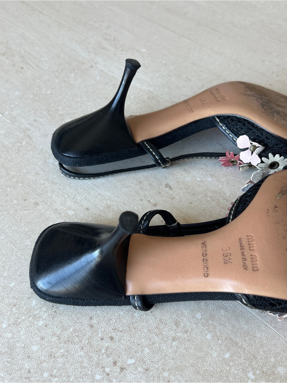 Miu Miu Black Sandal with Pink and Cream Floral Appliqué - Picture 7 of 7